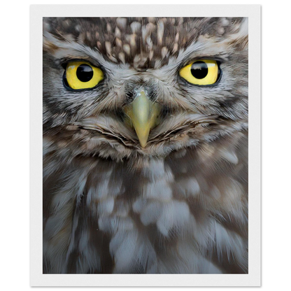 Intense golden-eyed Little Owl portrait in a black wooden frame by Gabriel Justicia.